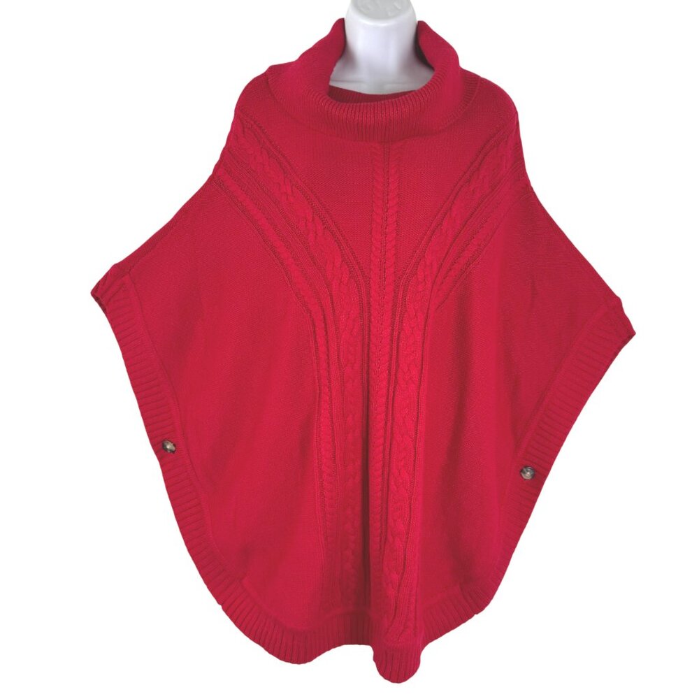 Talbots Poncho Sweater Large Red Cable Knit Cowl Neck Cotton Blend NWT FS-1513
